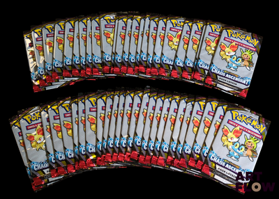 several packs of pokemon trading cards are stacked on top of each other