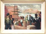 a painting of a group of people on a dock