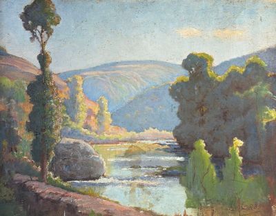 une image représentant une peinture d'une rivière avec des arbres et des montagnes en arrière-plan