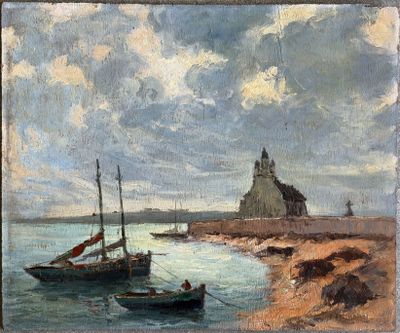 une image représentant un tableau où l'on voit un bateau sur un plan d'eau, avec un château en arrière-plan