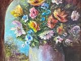 a painting of flowers in a vase on a window sill