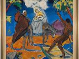 an image of a painting of a man riding a donkey and a woman riding a donkey