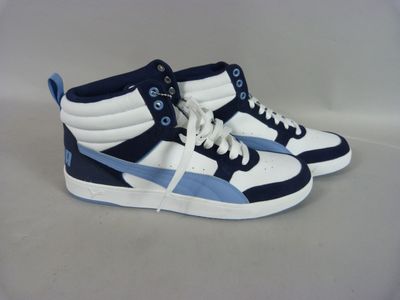 blue and white high top sneakers with blue accents on a white background