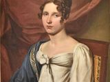 painting of a woman in a blue dress sitting on a chair