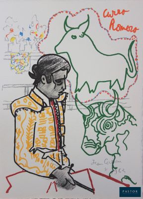 dessin représentant un homme vêtu d'une veste jaune avec un taureau, sur une feuille de papier