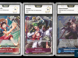 three different trading cards are displayed in a row on a black background