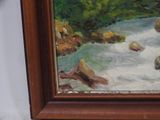 a painting of a river with rocks and trees in it