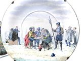 a plate with a picture of a group of people on it