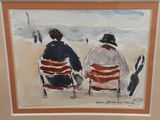 tableau représentant deux personnes assises sur des chaises sur une plage au bord de la mer