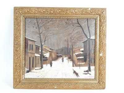 une photo d'un tableau représentant une rue enneigée