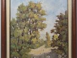 une peinture à l'huile représentant un homme et une femme marchant sur un chemin de terre