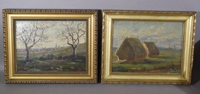 deux tableaux représentant une scène de campagne avec des balles de foin et des arbres