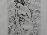 drawing of a woman standing in a field of grass with trees in the background