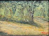 peinture à l'huile d'une scène de forêt avec des arbres au premier plan