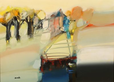 une peinture représentant un groupe de personnes marchant dans la rue