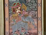 a picture of a painting of a man riding an elephant