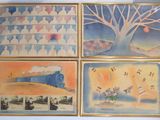 four framed paintings of a tree, a train, and a train