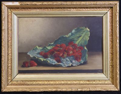 une peinture à l'huile représentant une grappe de baies rouges, dans un cadre doré