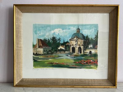 aquarelle encadrée représentant une église dans un cadre champêtre