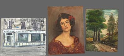 paintings of a woman in a red dress and a painting of a building
