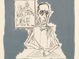 drawing of a man sitting at a desk with a drawing on the wall behind him