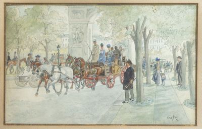 a painting of a horse drawn carriage on a city street