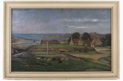 une image représentant un tableau de paysage avec des moutons qui paissent au premier plan