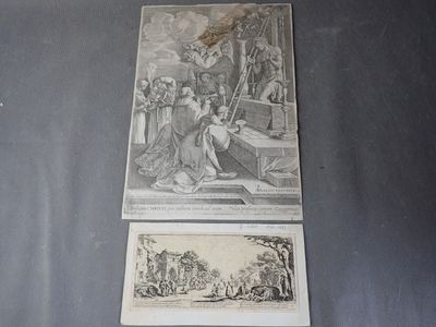 deux gravures anciennes représentant un tableau où l'on voit un homme et une femme assis sur un banc