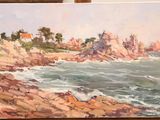 a picture of a painting of a rocky beach