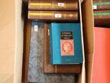 many books in a box that are sitting on the floor