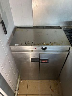 an image of a dirty kitchen with a stove and oven