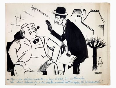 drawing of a man sitting in a chair talking to a man in a top hat