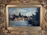 an image of a painting of a river with a bridge in the background