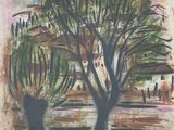 an image of a painting of two trees in the middle of a field