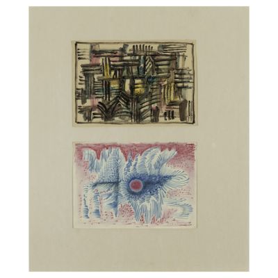 deux dessins de couleurs différentes représentant un bâtiment et une fleur