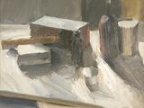 a painting of books on a table in the snow