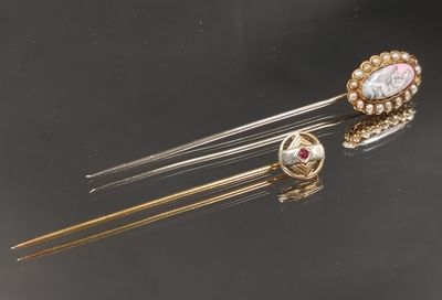 deux épingles à cheveux plaquées or, ornées de pierres roses et blanches