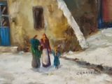 painting of a woman and two children walking in the snow in front of a house