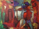 peinture abstraite représentant un groupe de personnes aux couleurs et aux formes variées