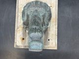 an image of a bronze elephant head on a metal plate