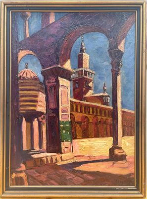 an oil painting of a building with a clock tower in the background