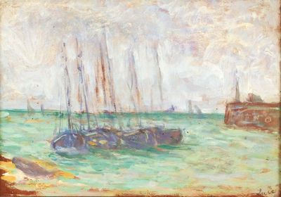 a painting of boats in the water on a sunny day