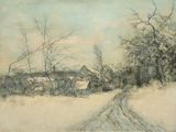 an image of a painting of a snowy landscape with a house and trees