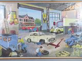 une photo d'un tableau représentant un garage avec des voitures à l'intérieur