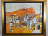 une peinture à l'huile représentant un groupe de personnes sur un marché en plein air