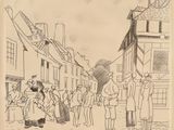 drawing of a group of people standing in front of a building