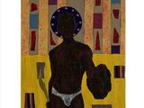 un tableau représentant un homme noir en sous-vêtements tenant une batte de baseball
