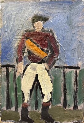 une peinture à l'huile représentant un homme tenant une batte de baseball dans la main droite