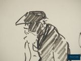 drawing of a man with a hat and a tie sitting in front of a clock