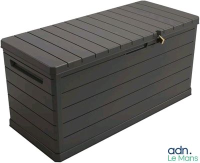 a black plastic storage box with a latch on the lid